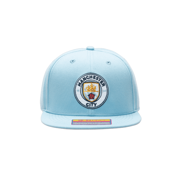 Manchester City Dawn Snapback hat with high crown, flat peak brim, and adjustable snapback closure.